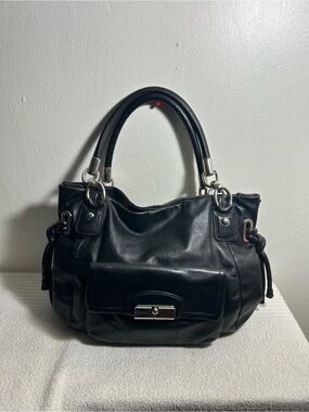 Coach Vintage large Black Leather Shoulder Bag with Front Flap Pocket